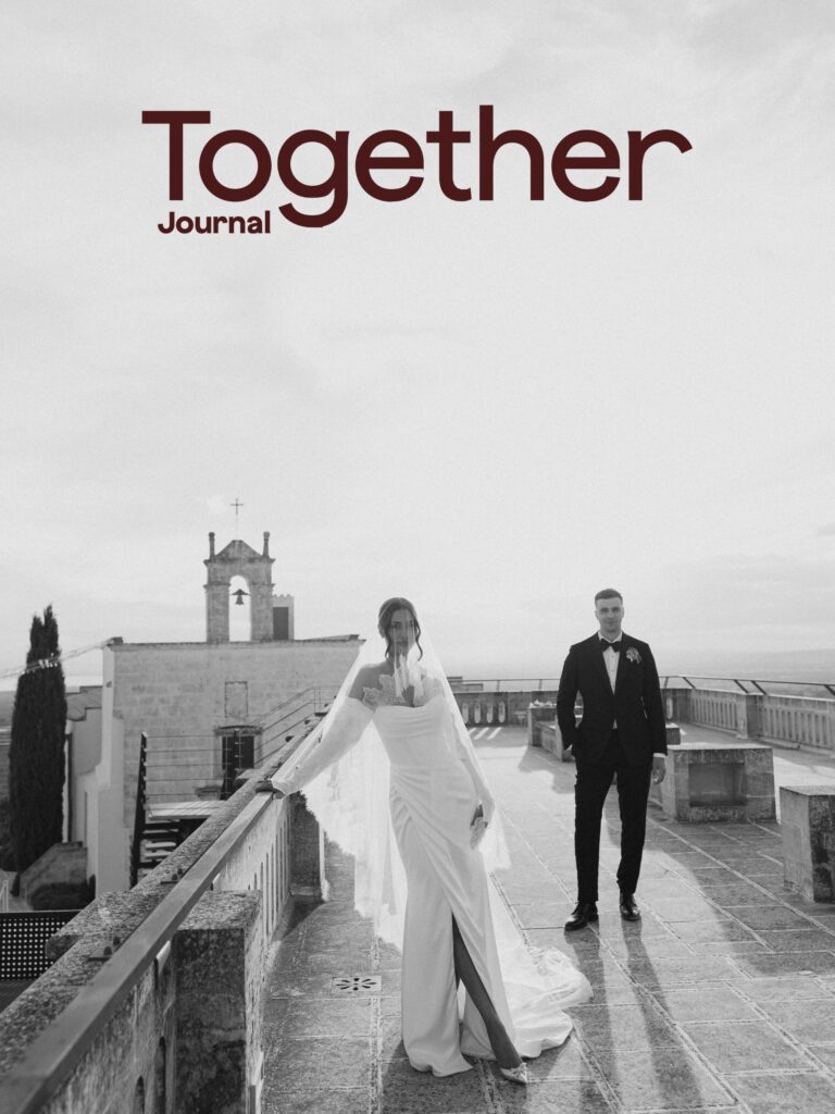 Wide black and white portrait of a bride and groom at Masseria Amastuola in Puglia, Italy, photographed by an Adelaide-based destination wedding photographer.