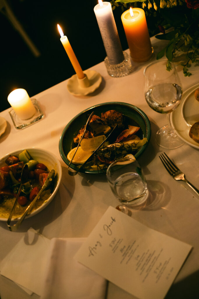 Overhead view of Mediterranean style seafood dishes served at a Manly Pavilion wedding reception