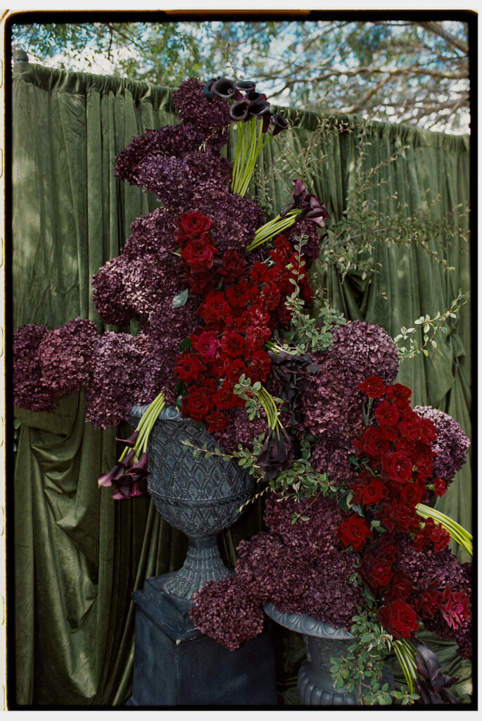 Large floral arrangements of plum hydrangeas, red roses and black calla lilies in stone urns against green velvet draping.