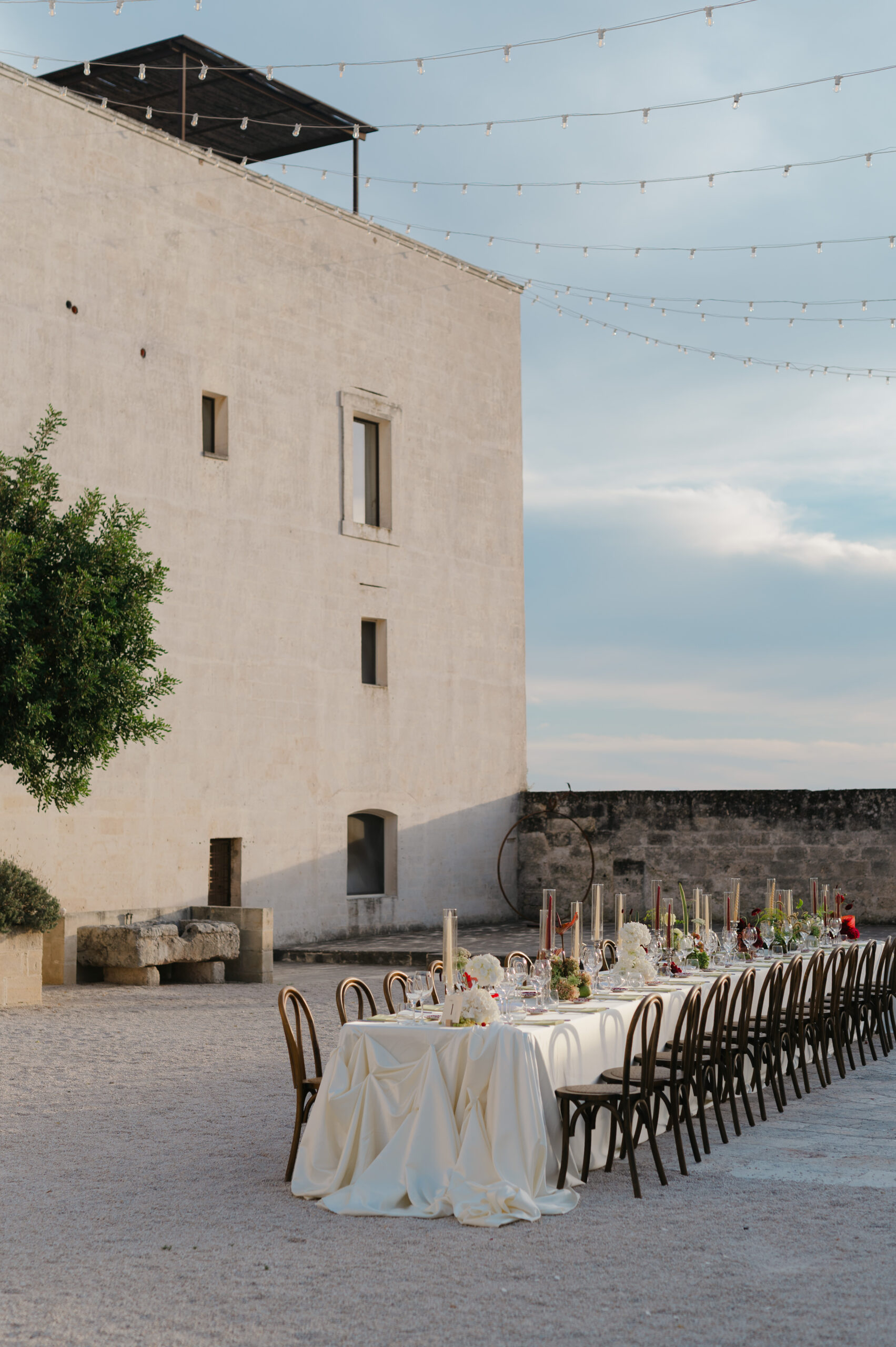 A stylish luxury wedding reception at Amastuola Wine Resort in Puglia, Italy.