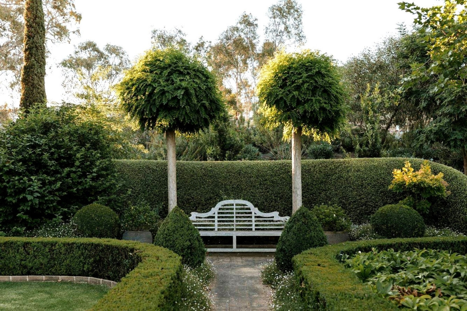 a white bench nestled in-between two fern trees, surrounded by a European-style garden