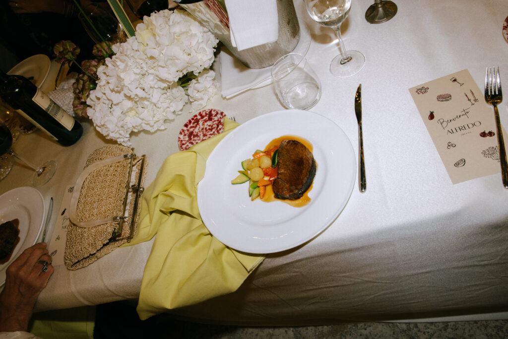 Plated dinner course served during a wedding reception at Masseria Amastuola in Puglia