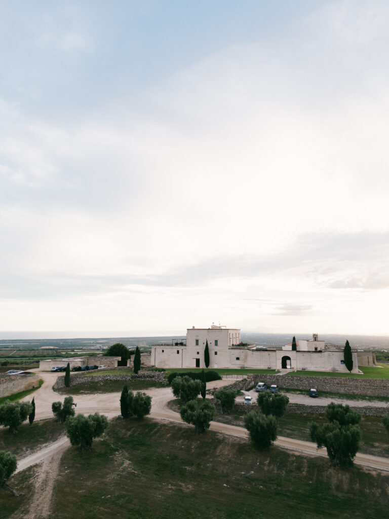Aerial view of Masseria Amastuola in Puglia surrounded by vineyards and countryside