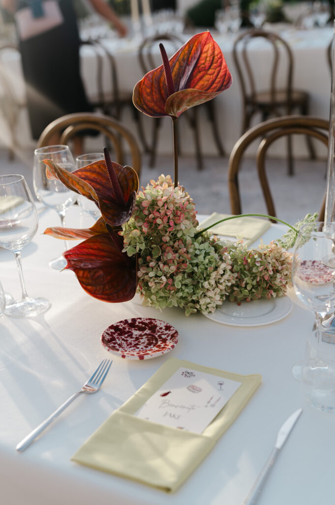 Floral tablescape decor at Masseria Amastuola in Puglia, Italy.